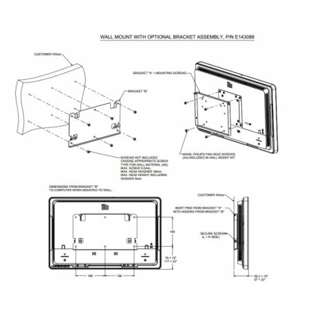 Support de montage mural Elo E-, X-, I-Series, 1002L, 1502L, 2002L IM E143088