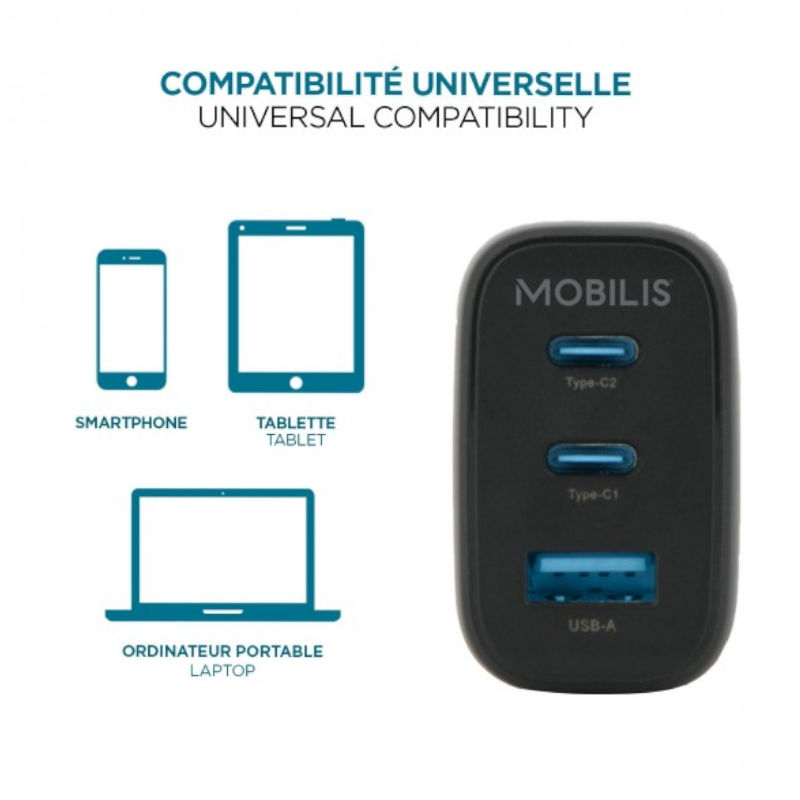 Chargeur secteur rapide 65W GaN - 2 USB-C + 1 USB-A - pour PC, Tablette & Smartphone