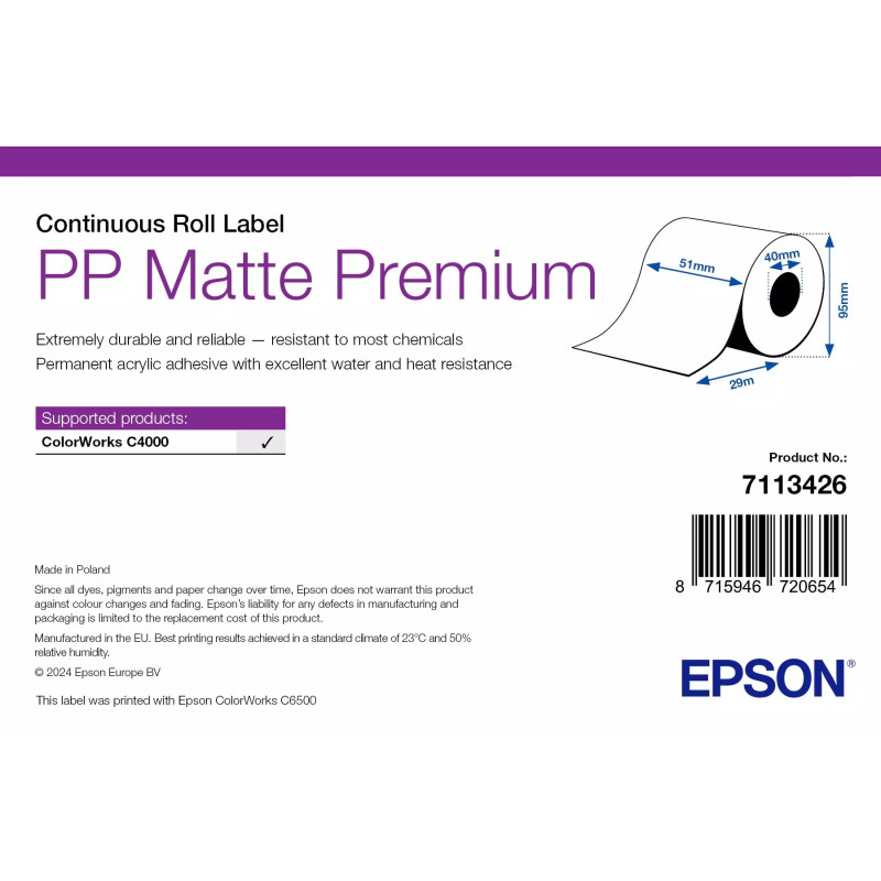 Rouleau continu d'étiquettes synthétiques Epson - 51 mm x 29 mètres