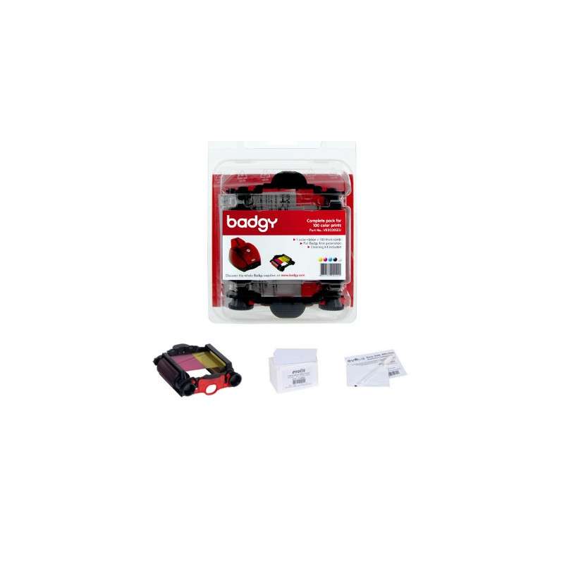 Pack 1 ruban couleur 100 faces + 100 cartes PVC 0.76mm + 1 kit de nettoyage EVOLIS Badgy
