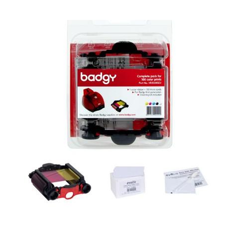 Pack 1 ruban couleur 100 faces + 100 cartes PVC 0.76mm + 1 kit de nettoyage EVOLIS Badgy