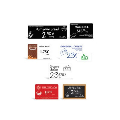 Étiquettes, cartes de prix et buffets noires mates, blanches, rouges